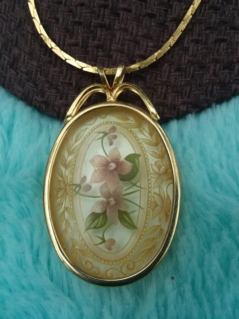 VINTAGE ART DECO Goldtone NECKLACE HANDPAINTED VICTORIAN FLORAL Flower DESIGN