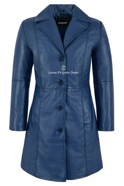 Women's Elegant Trench Real Leather Coat Blue Lambskin Knee-Length Designer Coat