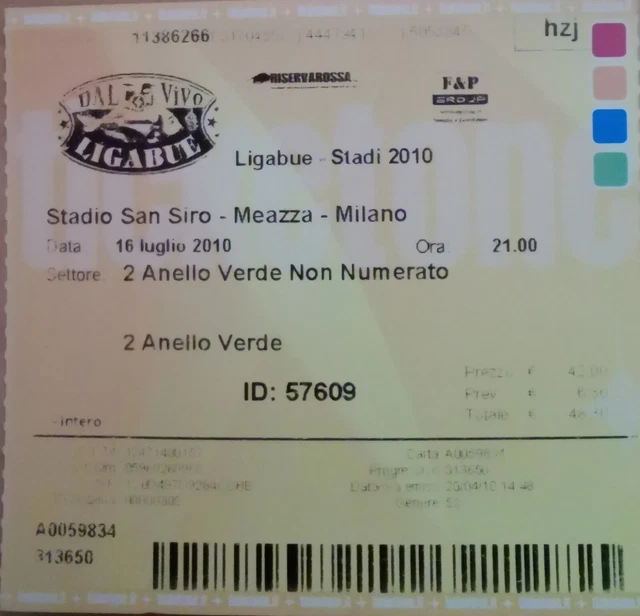 Biglietto Ticket Ligabue Concerto Milano Meazza S.siro 16/07/2010