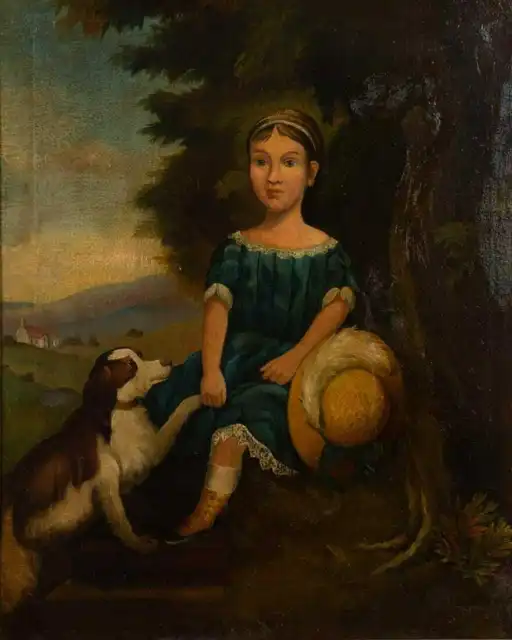 Antique Folk Art 18th, 19th Century Portrait Painting of a Young Girl and Dog