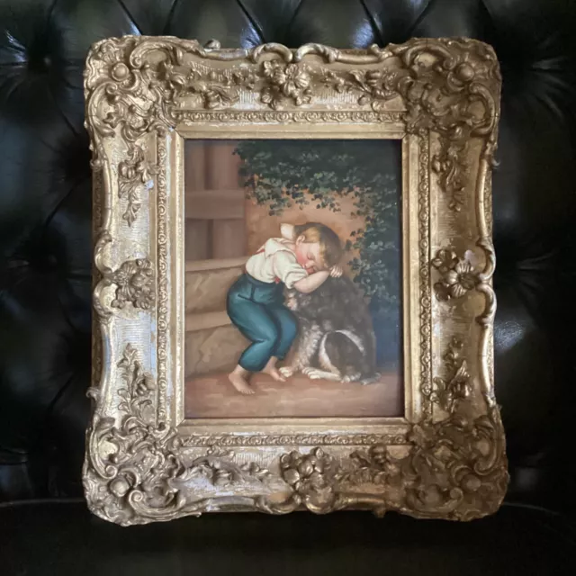 19th Century English School Oil on Panel Boy Hugging his dog.