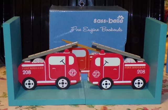 Pair of Colourful Wooden Sass & Belle Fire Engine Bookends Childs Bedroom Shelf