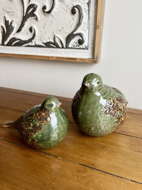 Ceramic Green Bird Figurine Brown Floral Glazed Set Of 2