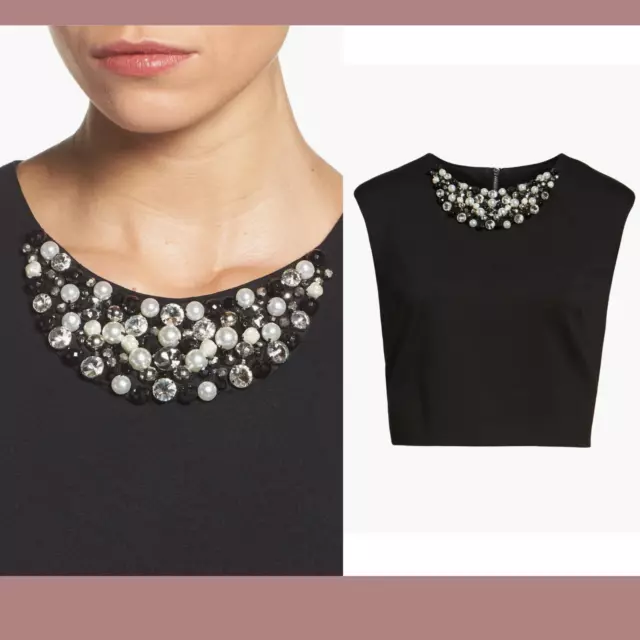 NWT $128 Eliza J [ 2 ] Embellished Pearl Jewels Crop Top in Black #5950 3