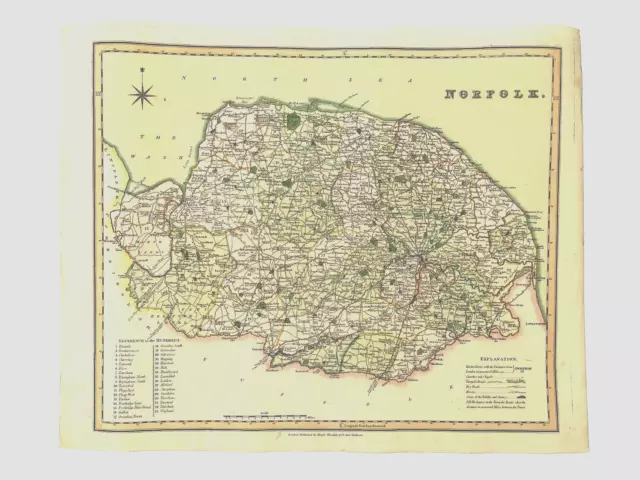 1831 - NORFOLK - Original Antique LARGE COLOURED Map by HENRY TEESDALE