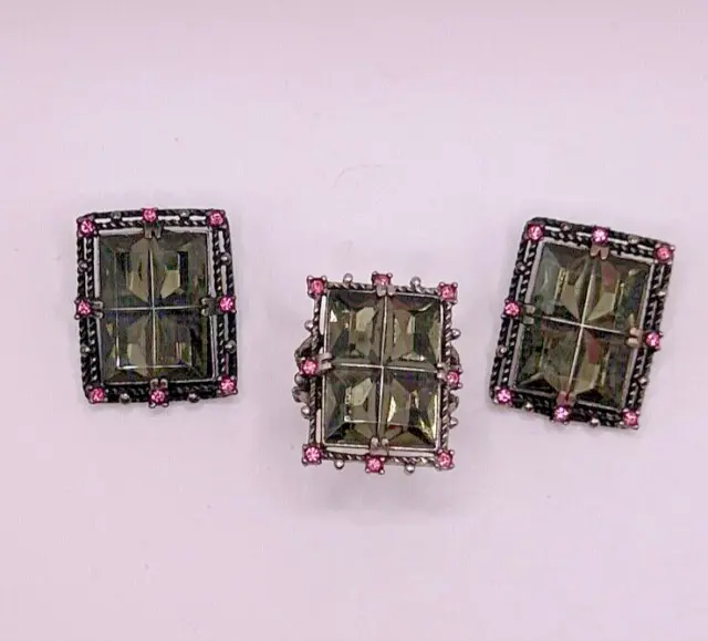 Vtg 2pc SARAH COVENTRY Midnight Magic Ring & Earrings Gray Pink Rhinestones JCS