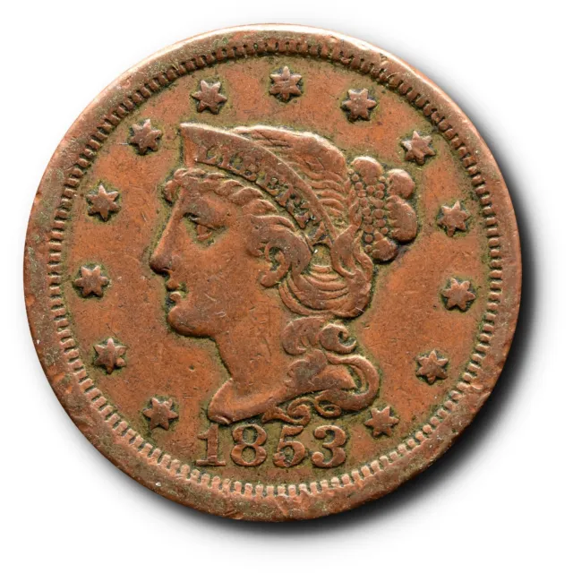 1853 Braided Hair Large Cent 1C EF Extra Fine XF