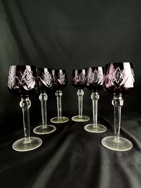 Vtg 6 Bohemian Dark RUBY RED Cut to Clear Crystal WINE/Hock GLASSES 7.5" 6 oz.