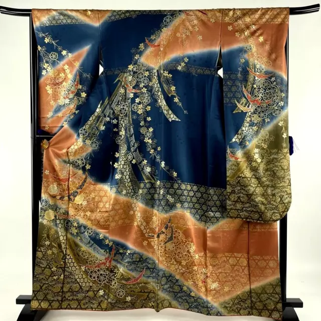 Japanese kimono SILK"FURISODE" long sleeves, Gold/Silver, SAKURA ,Birds,64".2505