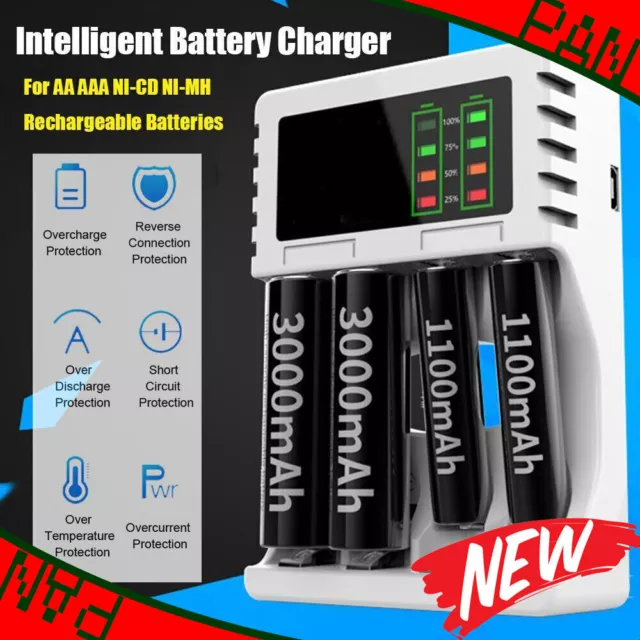 4 Slots LCD Akku Ladegerät USB Kable für AAA AA Lithium Nimh Batterie Universal