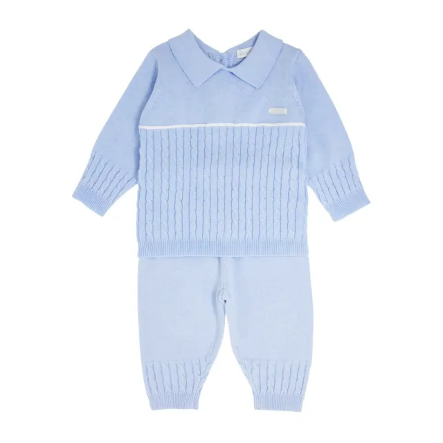 Baby Toddler Boys Blue Fine Knit Collared Top & Trouser set, Cable Design Detail