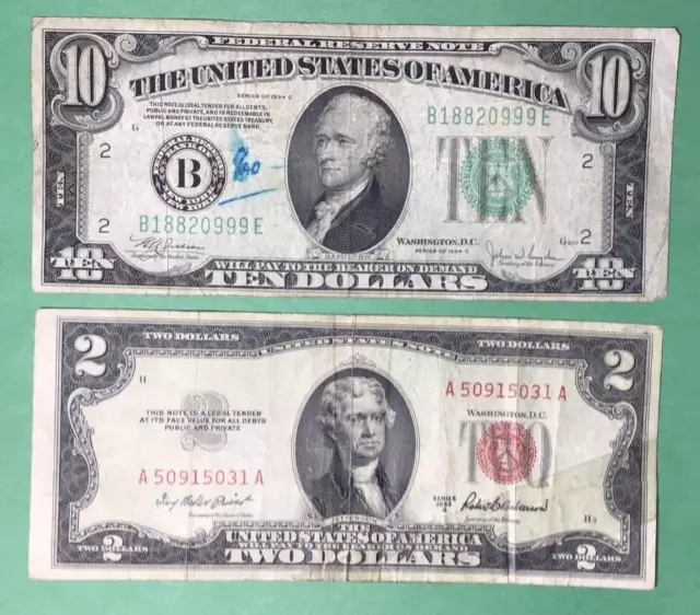 1934C $10 Green Federal "BIG B" "New York" X999 & 1953A $2 RED US Deuce Set of 2