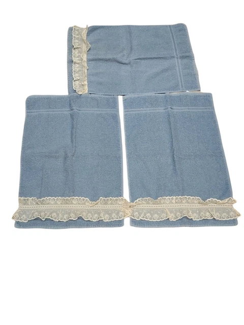 Vintage Bath towels embellished lace Blue with blue stripe decorative hand