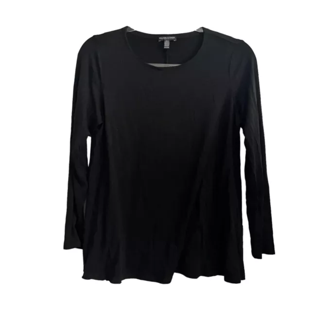 Eileen Fisher Long Sleeve Top Medium Petite Pm Mp Black Tencel Spandex Crew Neck