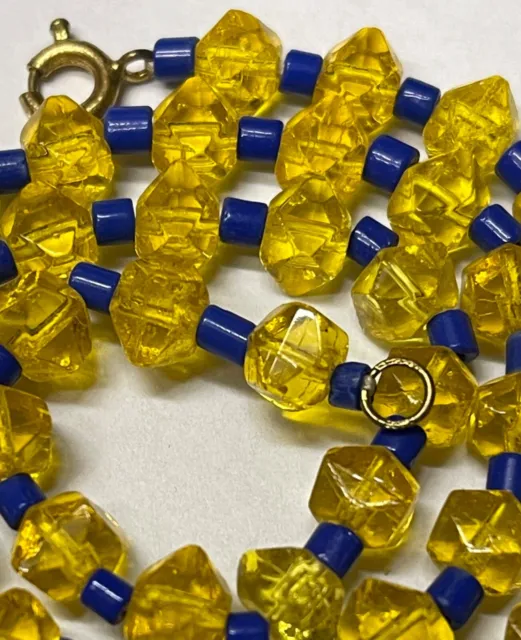 CZECH art deco Czechoslovakia Yellow blue cut glass bead vintage Necklace signed