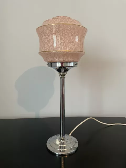 Art Deco Chrome Table Lamp with Pink Mottled Glass Shade