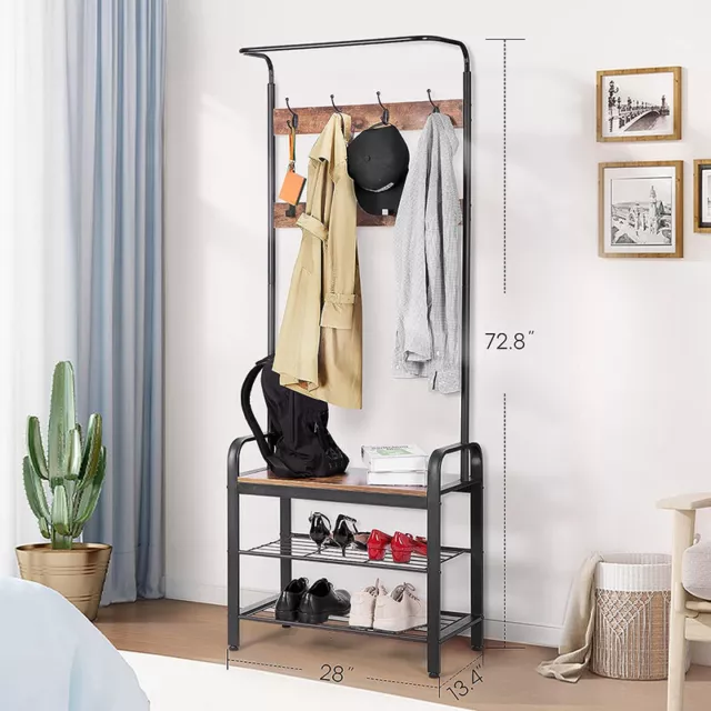 Industrial Coat Rack Hall Tree Entryway Shoe Bench Home Storage Shelf w/ 8 Hooks