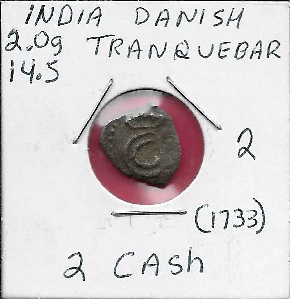 India Danish Tranquebar 2 Cash (1733) Ruler Christian Vi,Danish Royal Colony,Cro