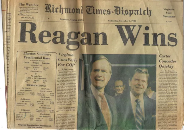 President Ronald Reagan Wins Richmond Times-Dispatch VA George H. W. Bush 1980