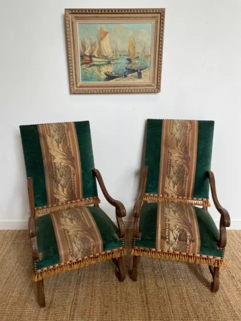 Pair of Late 19th Century Antique French Solid Walnut Armchairs 