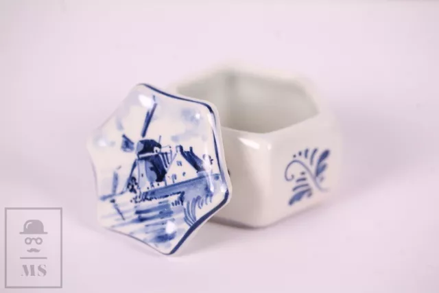 Hand Painted Windmill Landscape Delft Trinket Box - 52 mm Hexagon - Ref. 5742