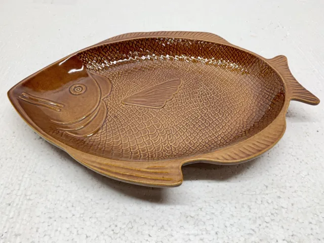 Large Retro 1960s Secla Studio Portugal Brown Ceramic Fish Serving Dish Platter