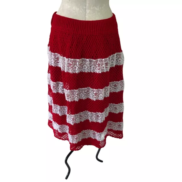 Vintage Womens Crochet Lace Skirt Size Large Fully Lined Red White Midi Button