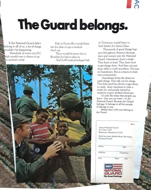1973 Army National Guard Belongs Original Ad vintage Snoopy Patch on Kid
