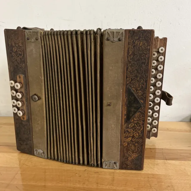 Antique Koch Harmonica Accordion - 1880's-1920's - Wood Carved - GREAT SHAPE