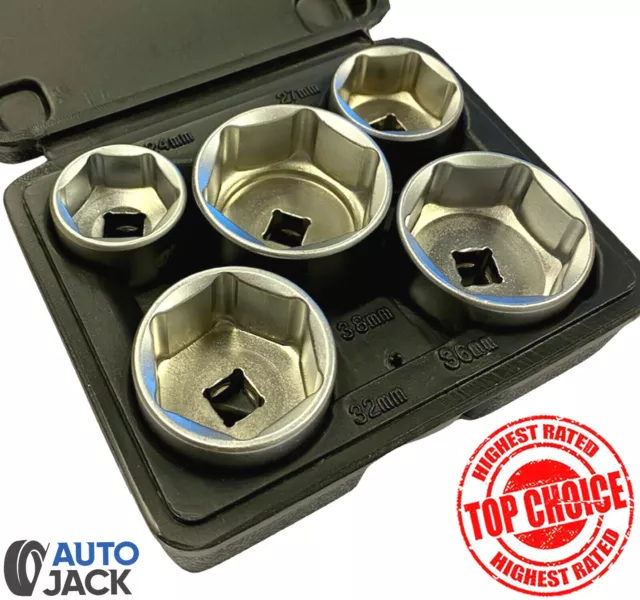 Autojack Oil Filter Socket Set 5 Pc 3/8" Dr 24 27 32 36 38mm Removal Tool Case