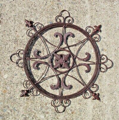 Cast Wrought Iron USA French Lilies 25inch Wall Decor Round Floral Medallion Vtg