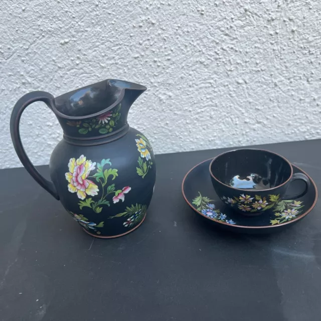 3 pc TEA Wedgwood Pitcher Black Basalt Capri Ware Polychrome Enamels 19th Cent