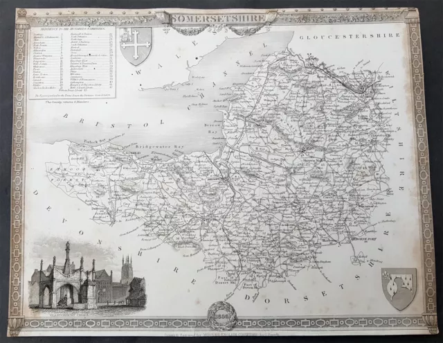 1836 Thomas Moule Original Antique Map of Somerset - English County