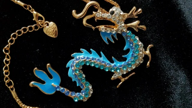 Betsey Johnson Chinese Asian Dragon Necklace Blue rhinestone Crystal Long Chain