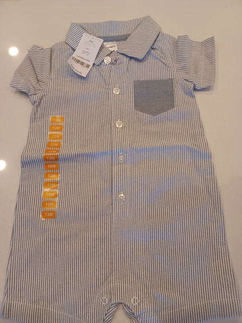 Carters New Tags Baby Boy One Piece Romper 12 Month Blue/White Stripe Btn & Snap
