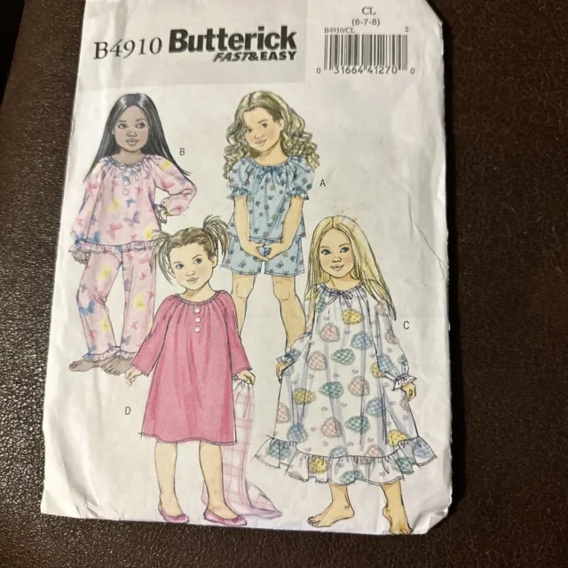 Butterick Pattern B4910 Girls Sleep Top Pants Shorts Gown Sz CL 6-7-8 NEW UNCUT