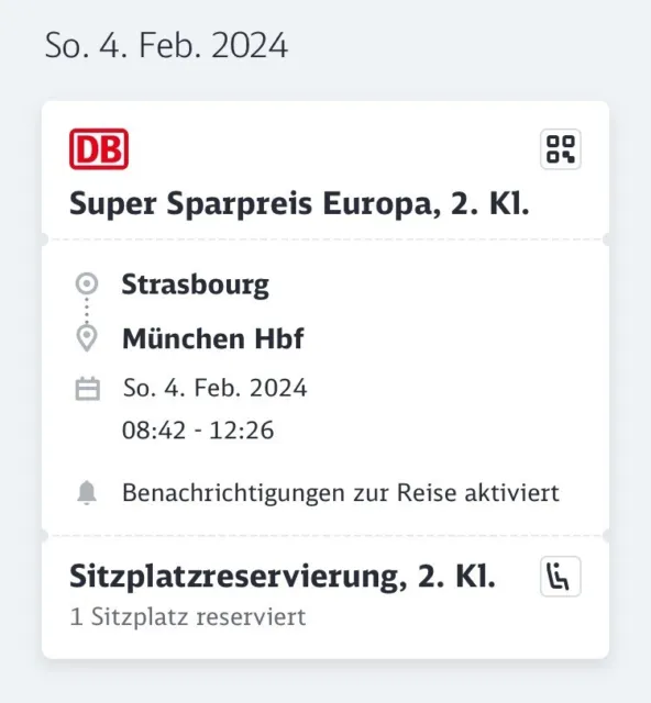 DB Bahn ICE Ticket Straßburg - München, Strasbourg - Munich, Sonntag 04.02.2023