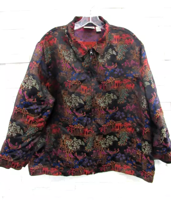 Chico's Colorful Rayon Silk Satin Asian Chinoiserie Art-to-Wear Zip Jacket 3 XL