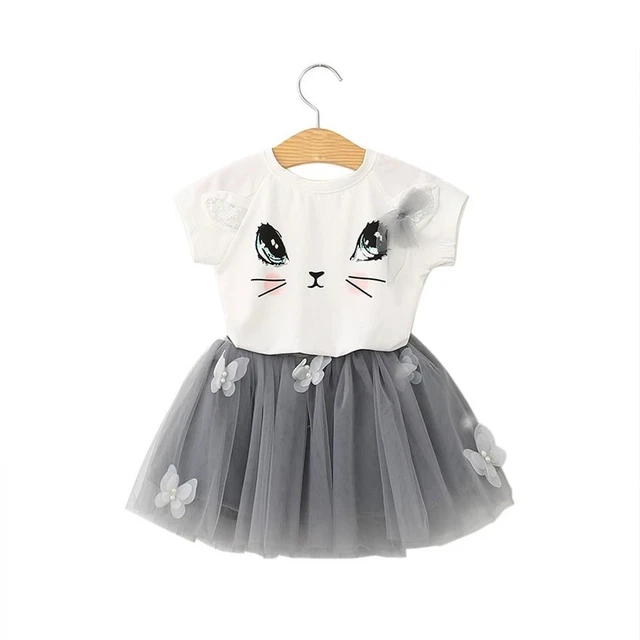 1 Pezzi Ragazza Abito Mini Gonna Disegno Gatto Camicia Top Farfalla Tutu Set
