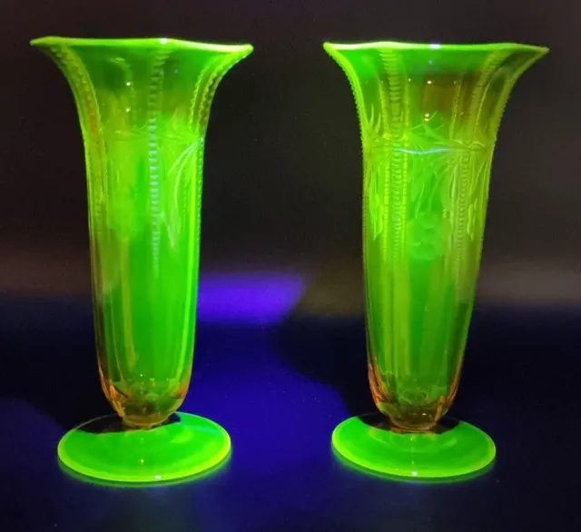 Antique Etched Amber Vaseline Uranium Glass Pair Vases Early 20Th Century