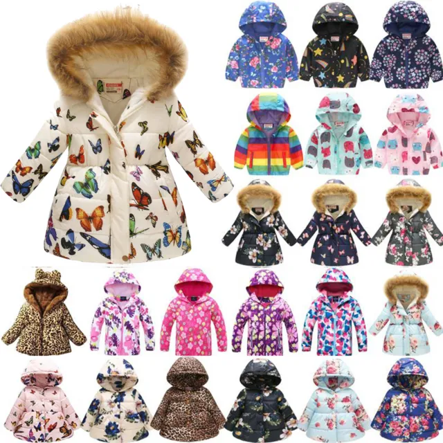 Kids Girls Winter Coat Hooded Puffer Jacket Warm Padded Floral Overcoat Outwear