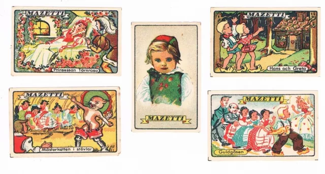 Set of 5 Old Sweden c1900s matchbox labels Fairy Tales Puss in Boots etc.