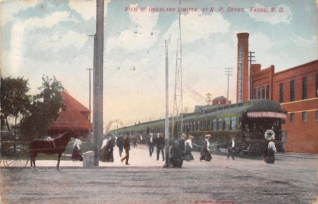 Fargo ND Overland Limited Train~Caboose~Northern Pacific Depot~Passengers 1907