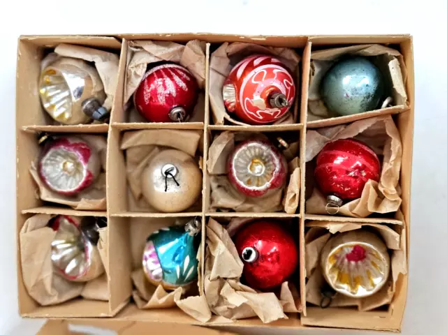 Antique Miniature Mercury Glass Feather Christmas Tree Ornaments Germany w/box