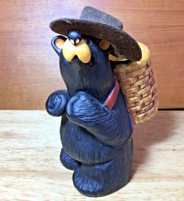 Bearfoots Bear Figurine w Berry Basket, Wearing Floppy Hat Rustic Cabin Decor 5"