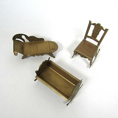 Antique Dollhouse Metal Furniture Gold Tin? Vtg Cradle Lounge Sofa Chair Rocking