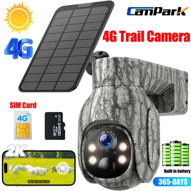 2K 4G LTE Cellular Solar PTZ Trail Camera Wildlife Cam + SIM Card 32G 8000mah