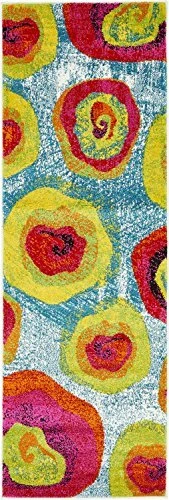 Lyon Collection Colorful Modern Abstract Floral Area Rug, 2 x 6 Feet, Blue/Ye...