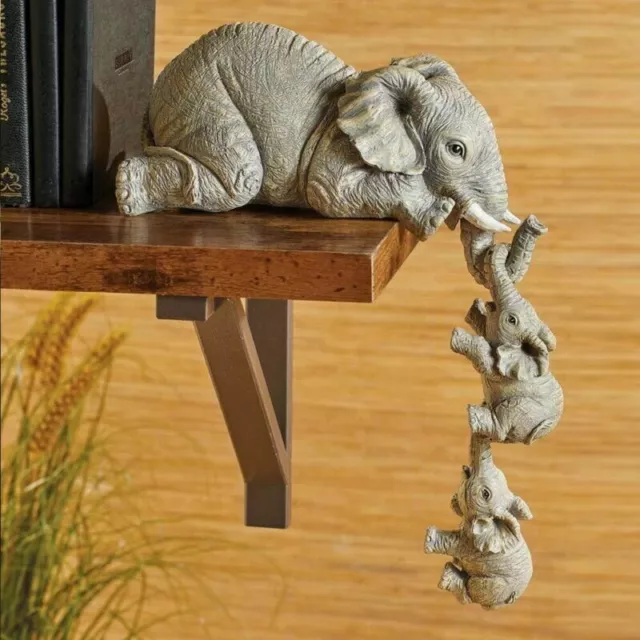 Adorable Elephant Figurine Mother Hanging Two Babies Small Statue Ornament