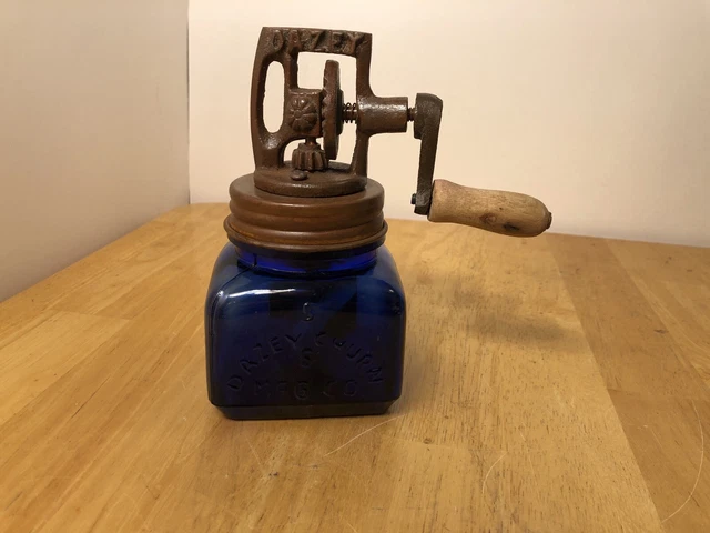 Dazey Cobalt Blue Glass Butter Churn No. 5 - Wooden Paddles - Dated Feb 14, 22 Dazey Cobalt Blue Glass Butter Churn No. 5 - Wooden Paddles - Dated Feb 14, 22